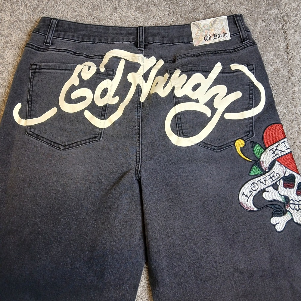 Ed Hardy Mens Faded Black Wide Leg Jeans Love Kills Slowly Skull 34 WEHD8300-1